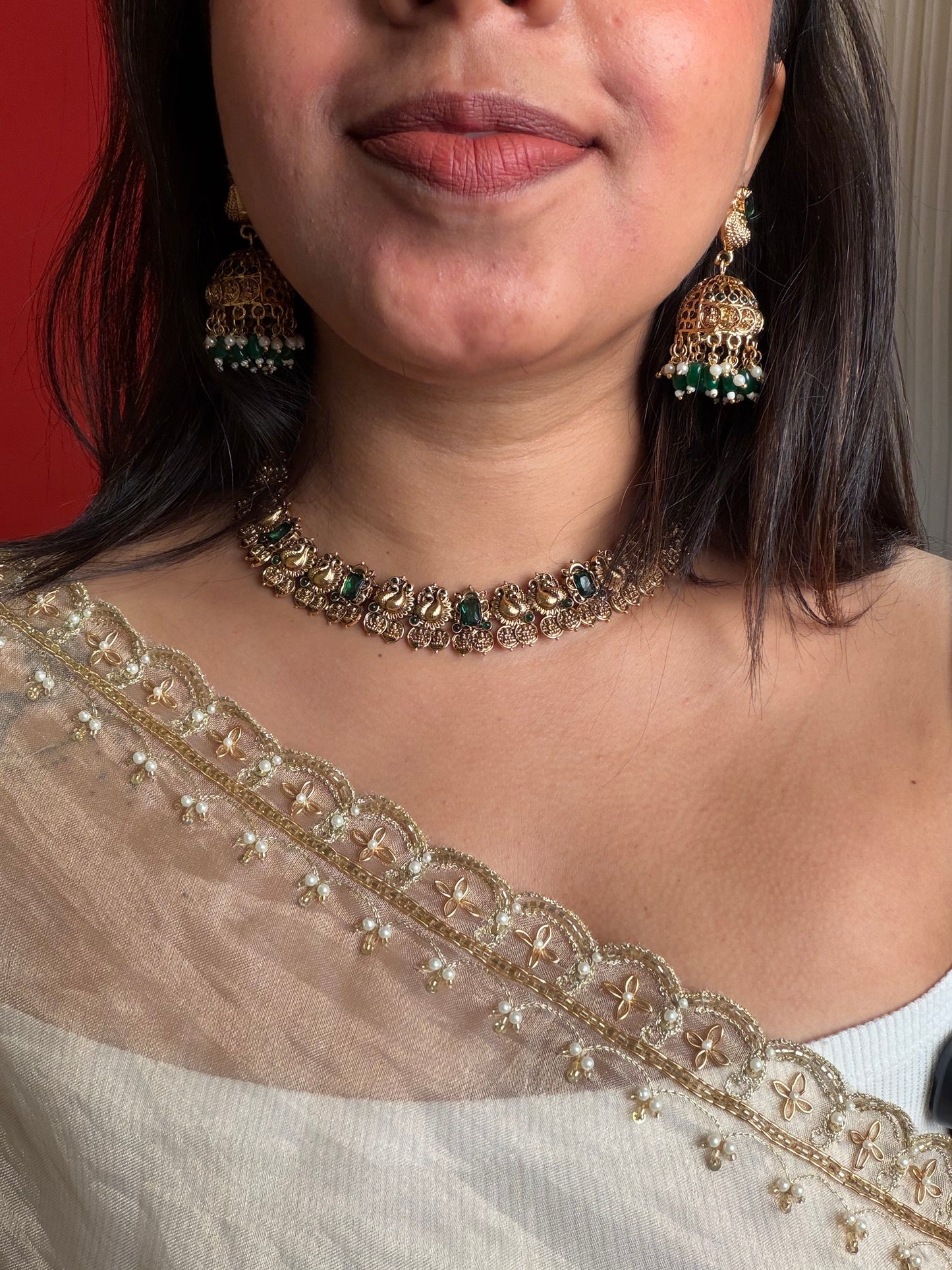 Mayur coin kaashi necklace set Green (KLJ05)