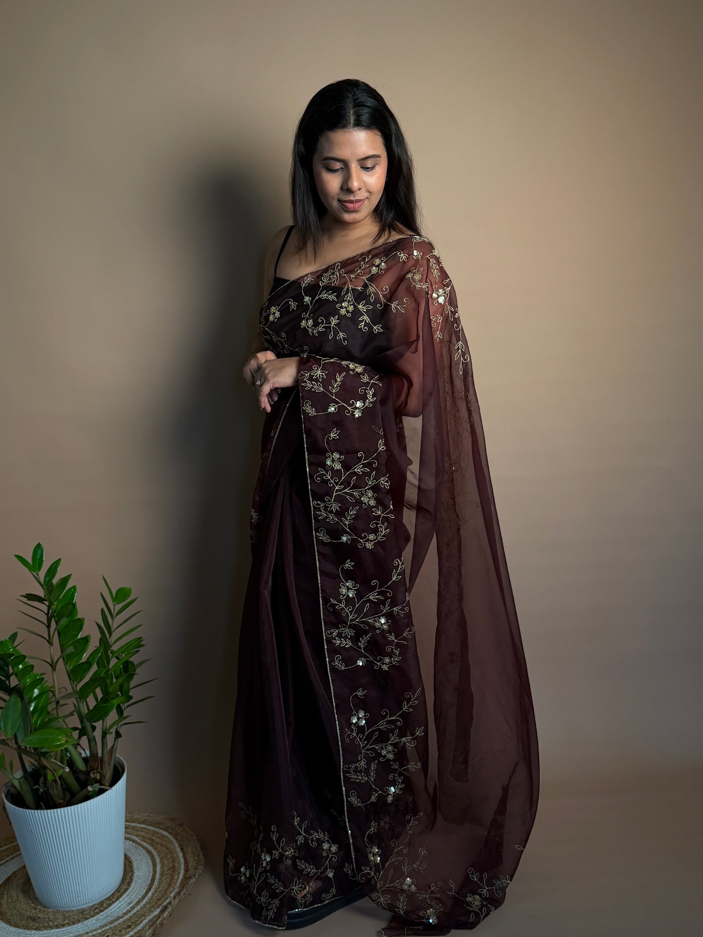 Organza saree coffee brown KL0015