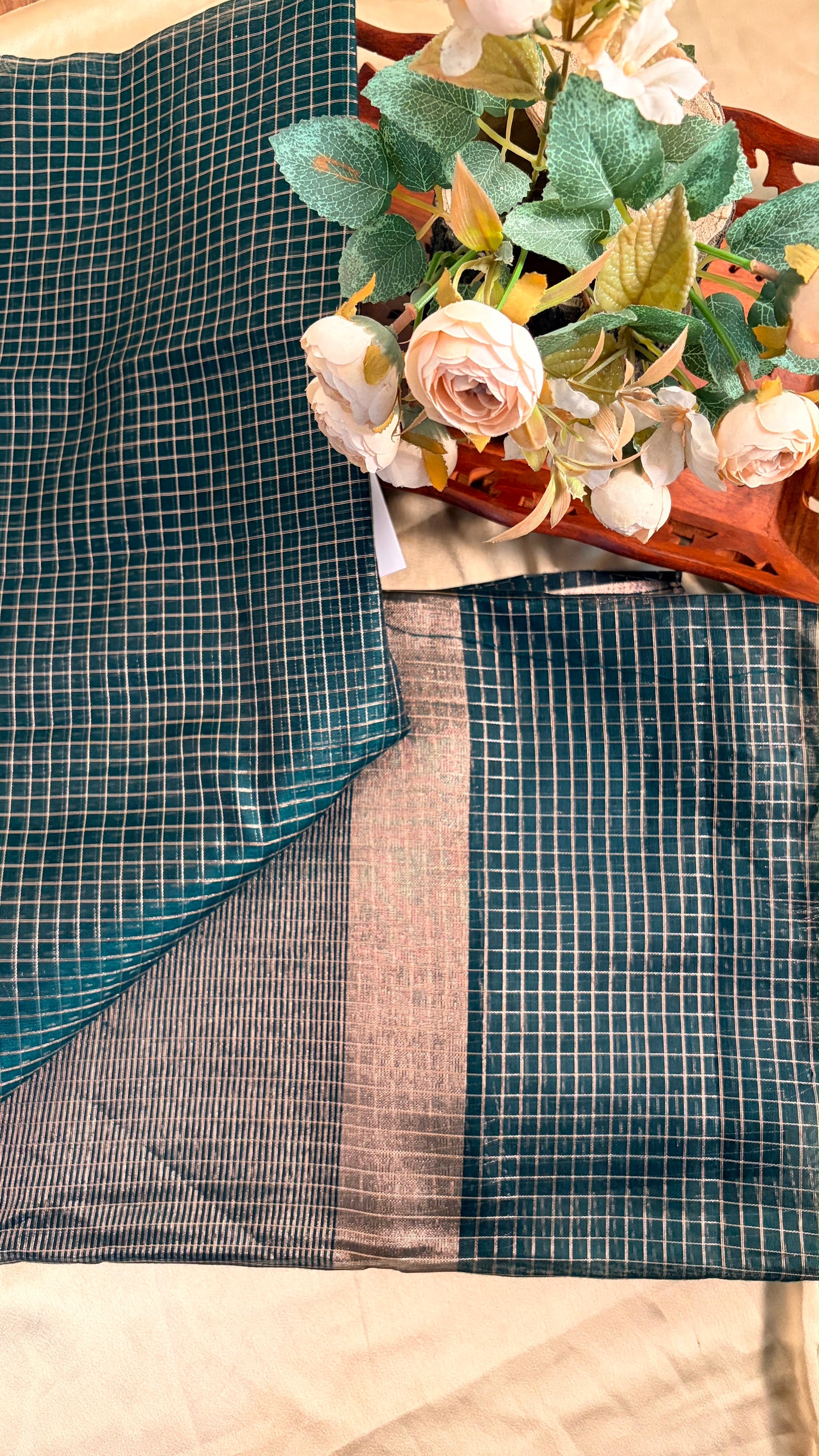 Semi silk bottle green checks saree (KL0031)