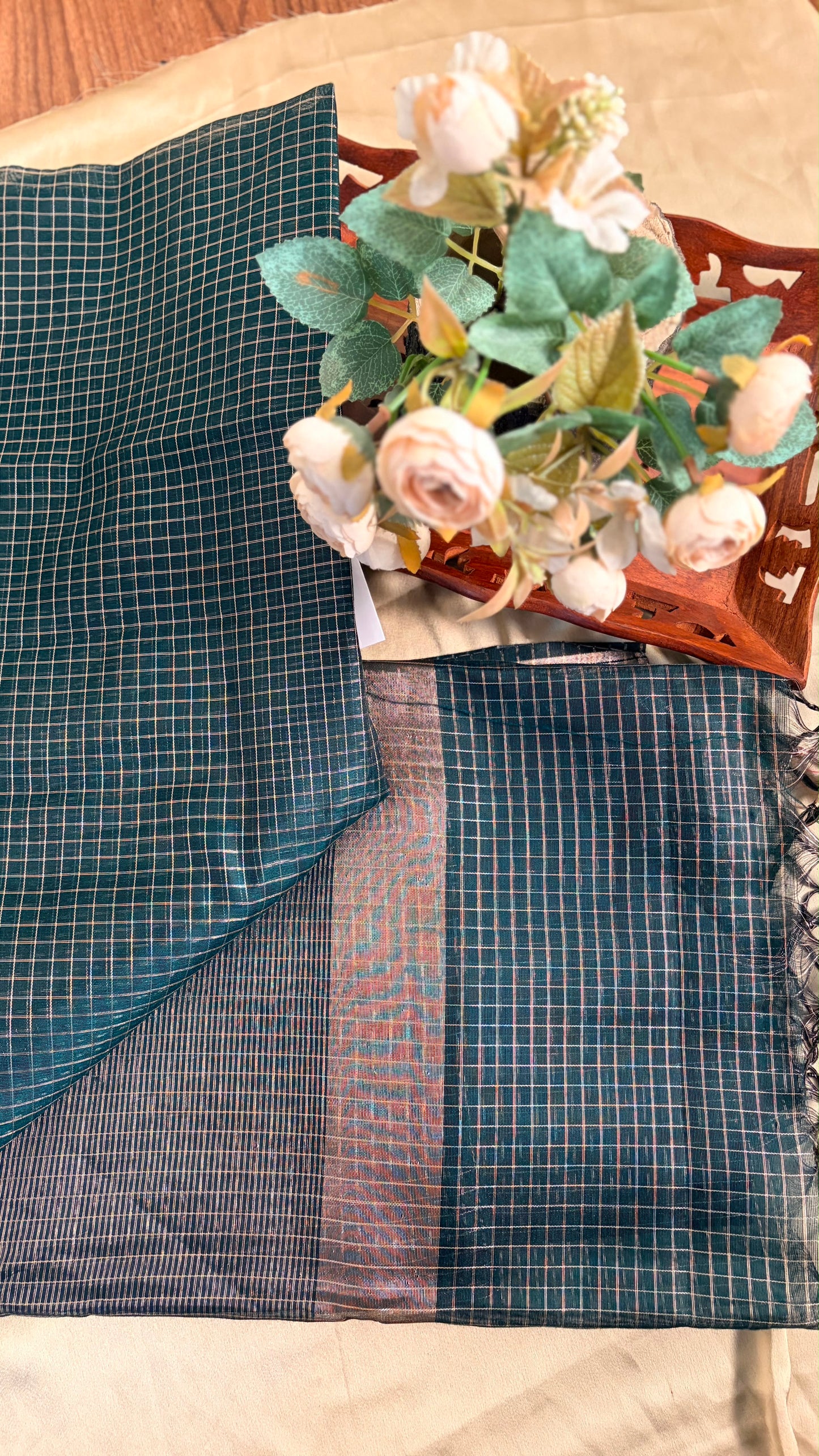 Semi silk bottle green checks saree (KL0031)