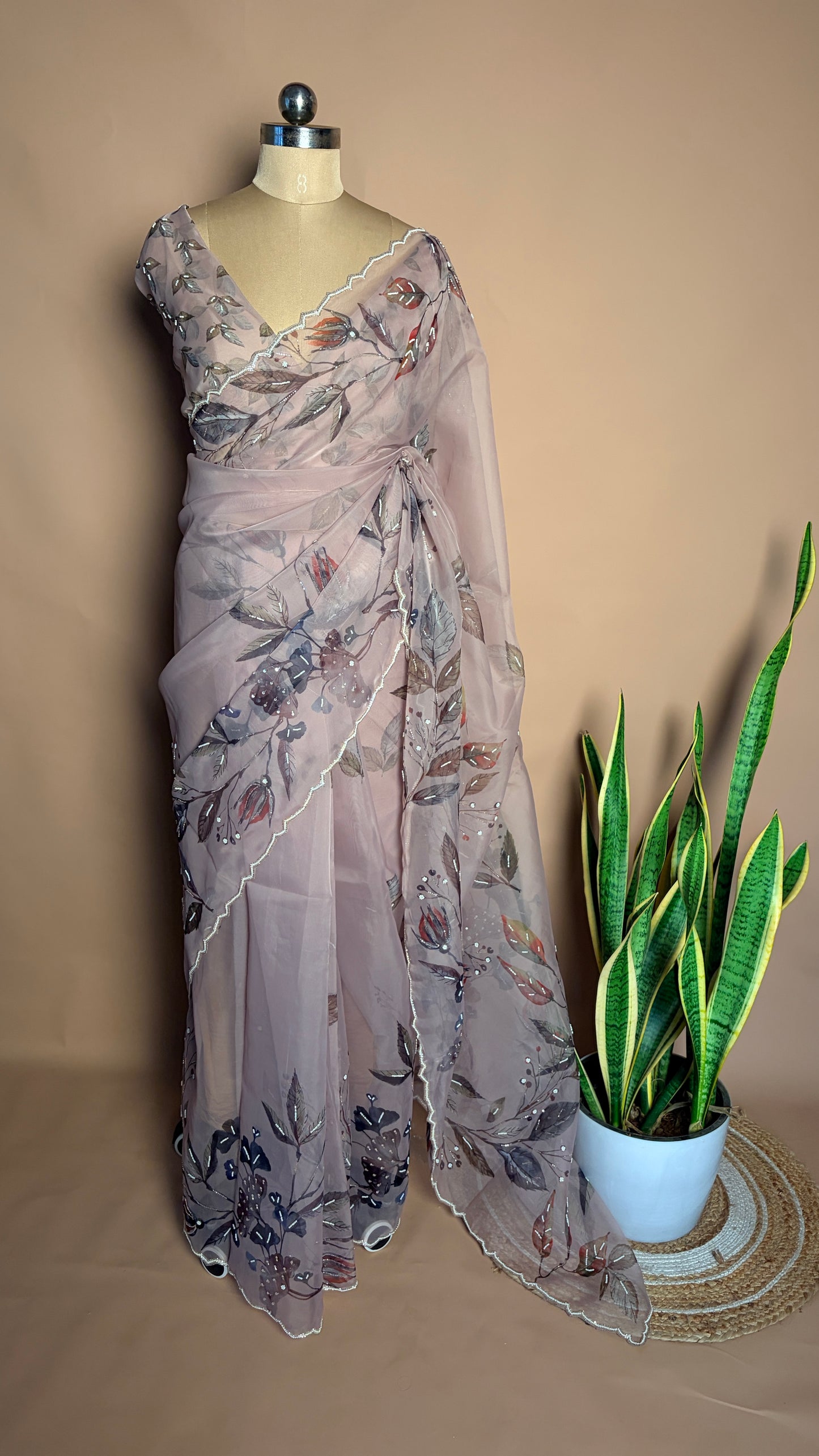 Nude pink organza handworked saree KL0023