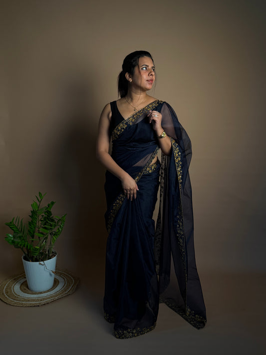 Navy Blue Organza Saree (KL003)