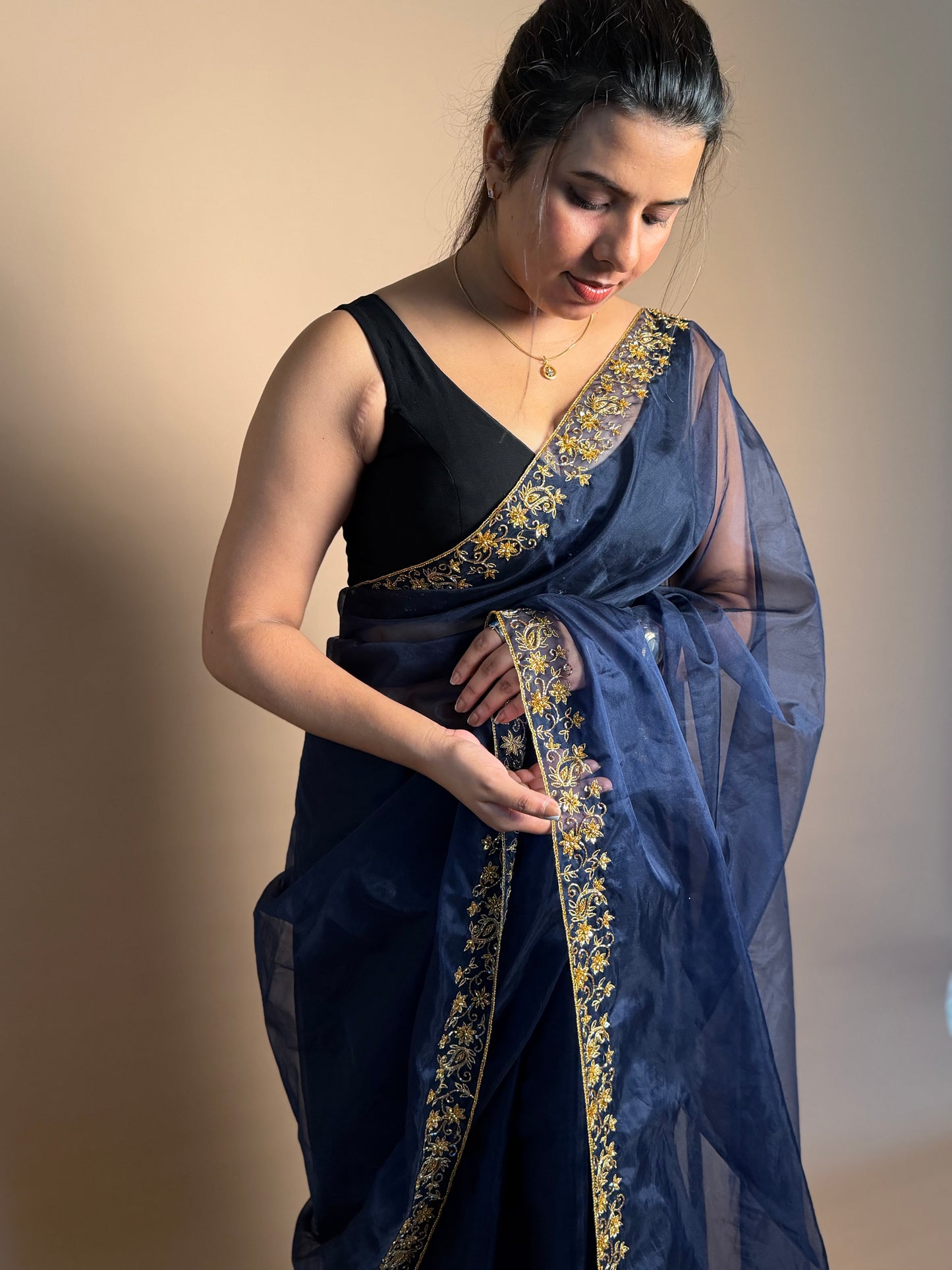 Navy Blue Organza Saree (KL003)