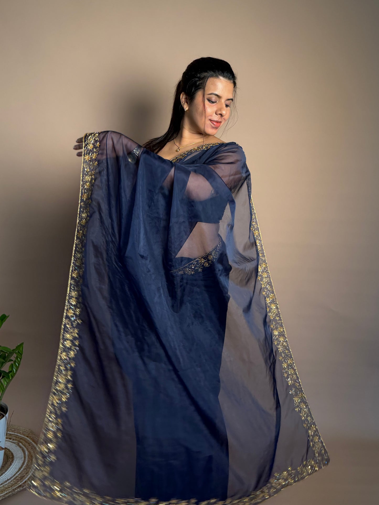 Navy Blue Organza Saree (KL003)