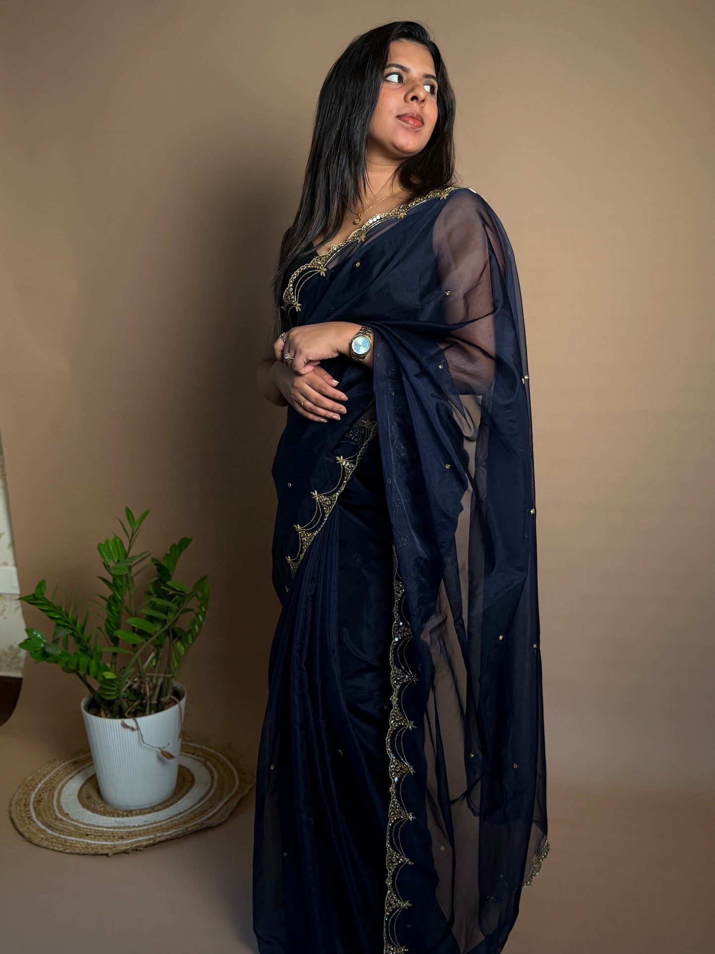 Navy Blue Organza Saree (KL004)
