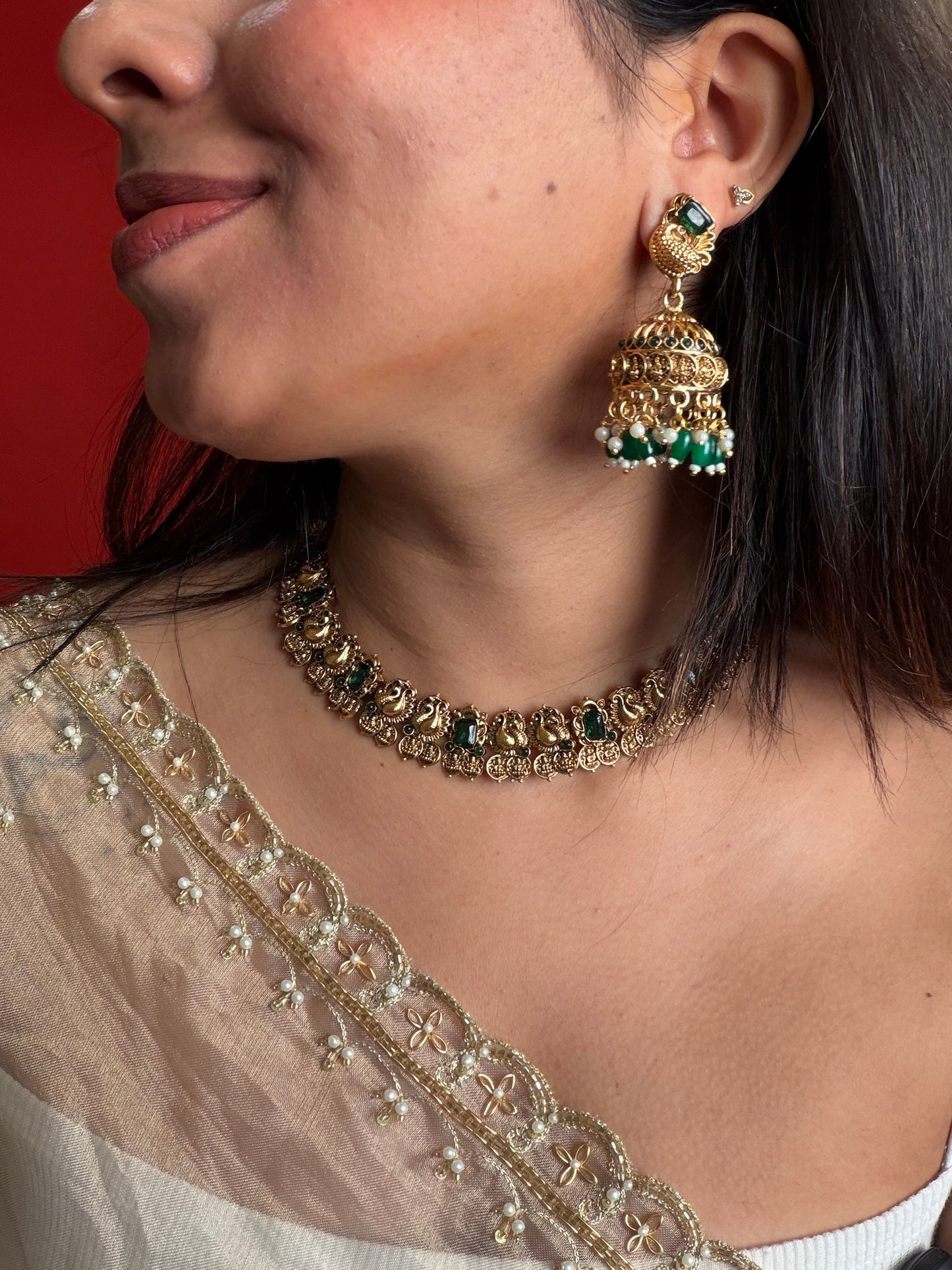 Mayur coin kaashi necklace set Green (KLJ05)