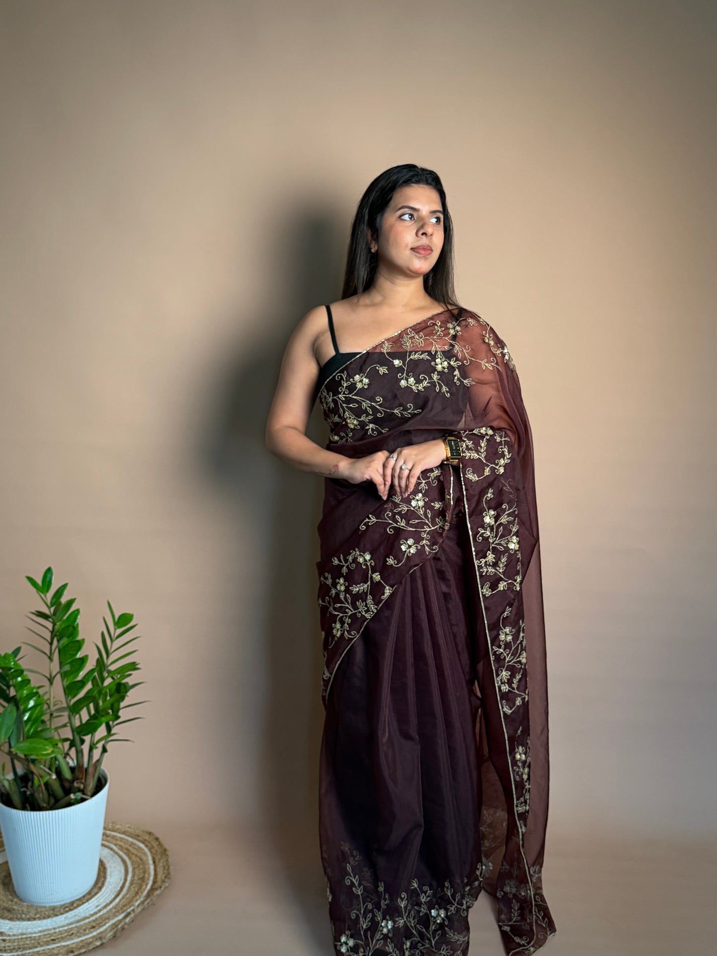 Organza saree coffee brown KL0015