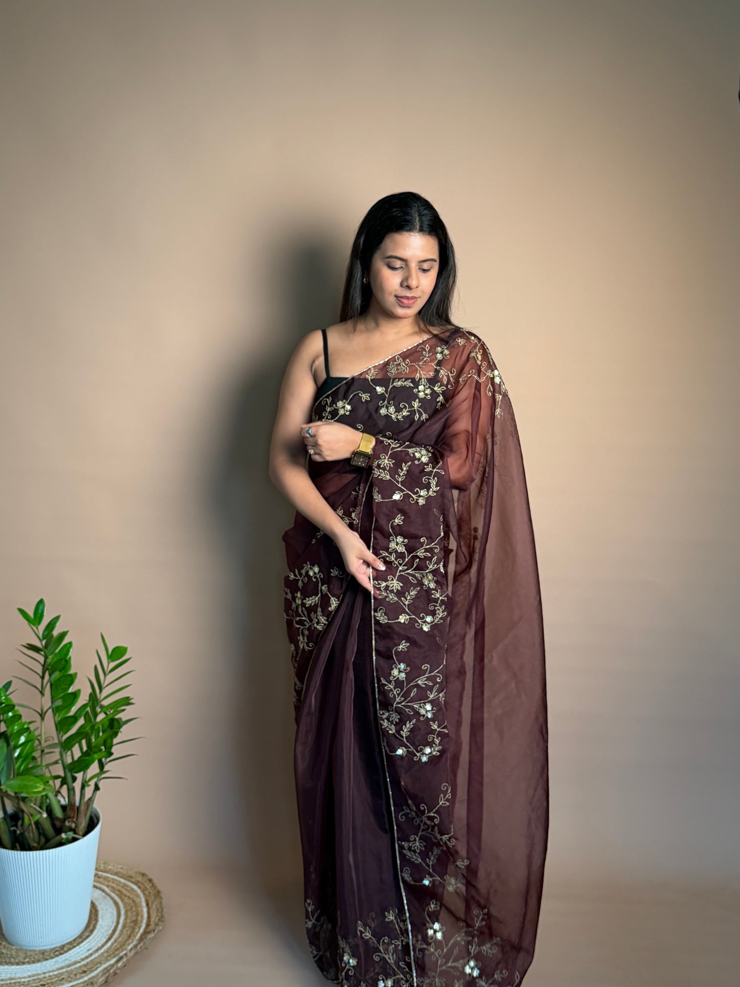 Organza saree coffee brown KL0015