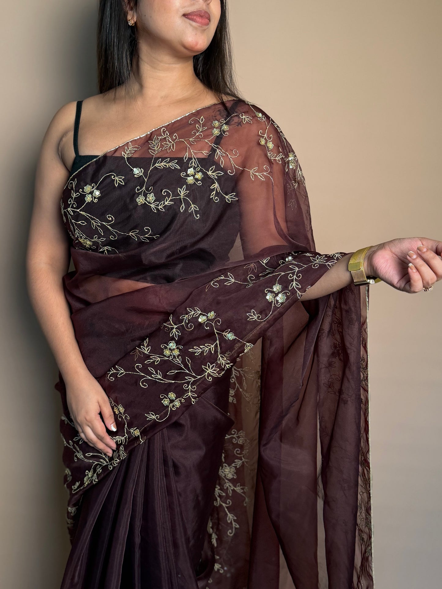 Organza saree coffee brown KL0015