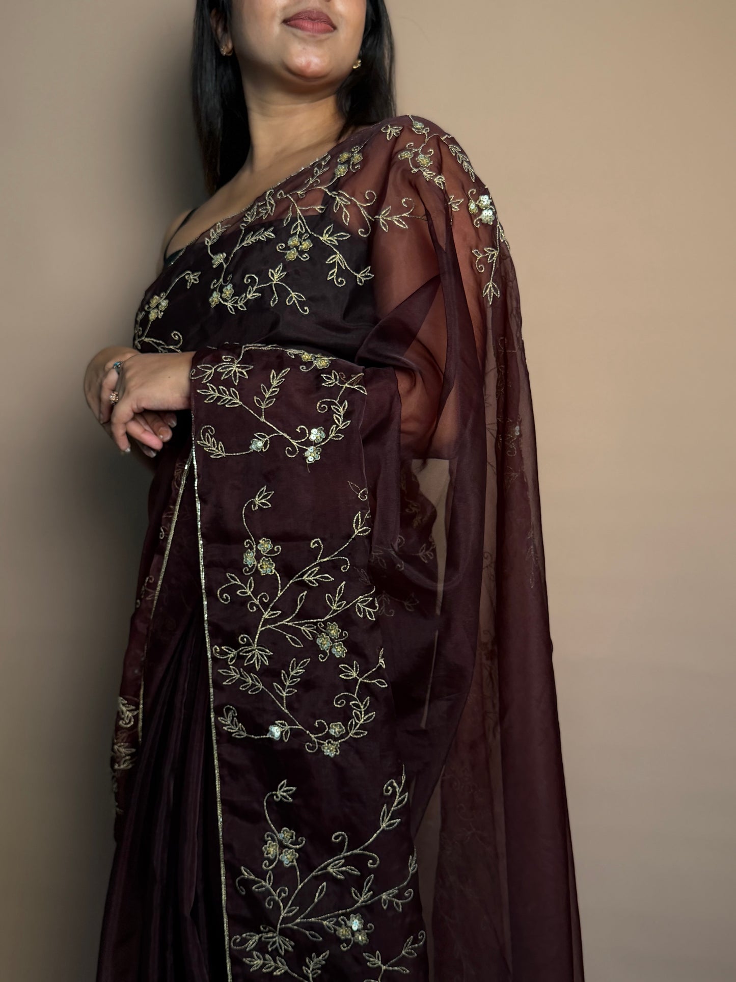 Organza saree coffee brown KL0015
