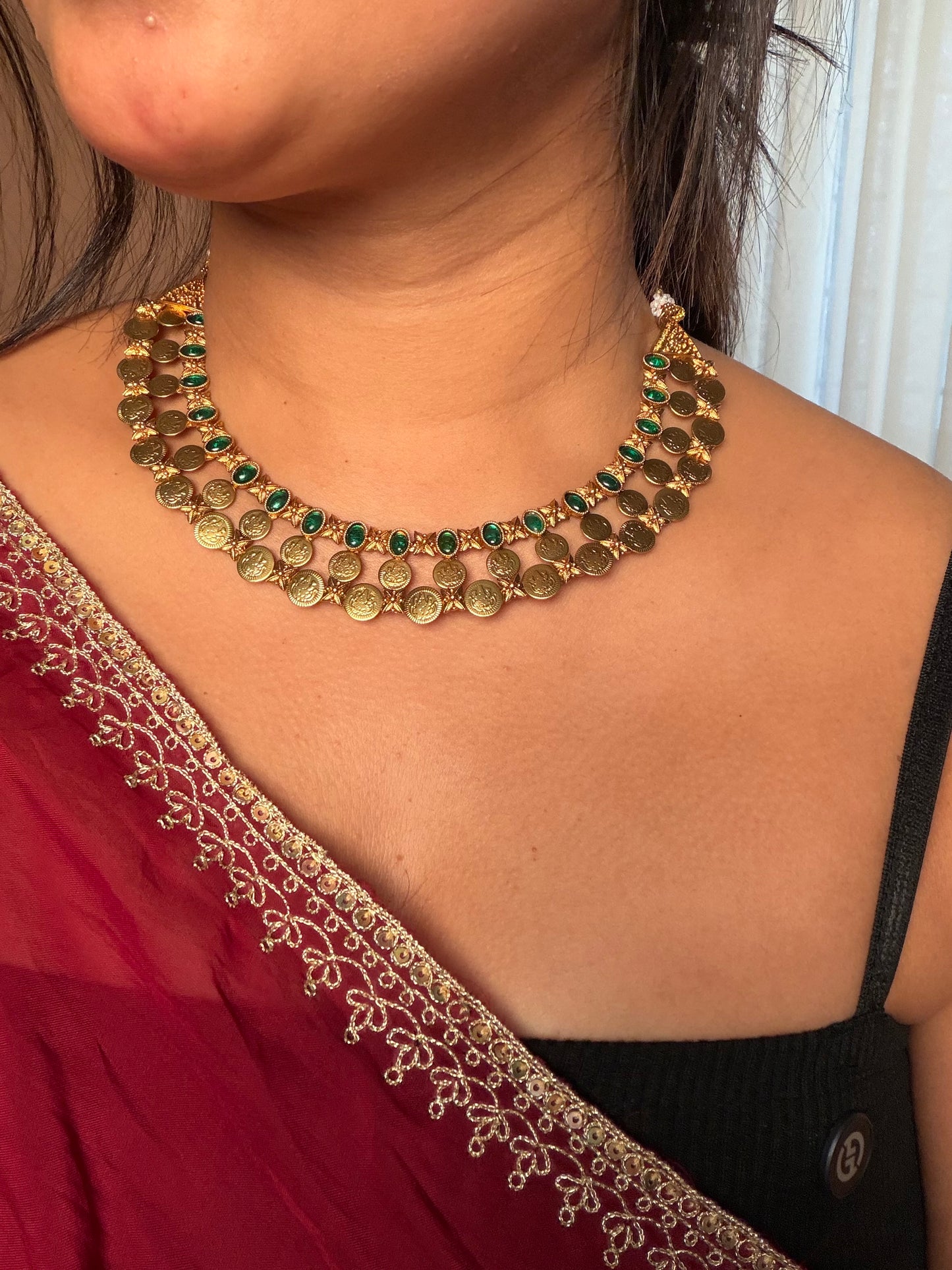 Triple layer kaashi necklace set green (KLJ06)