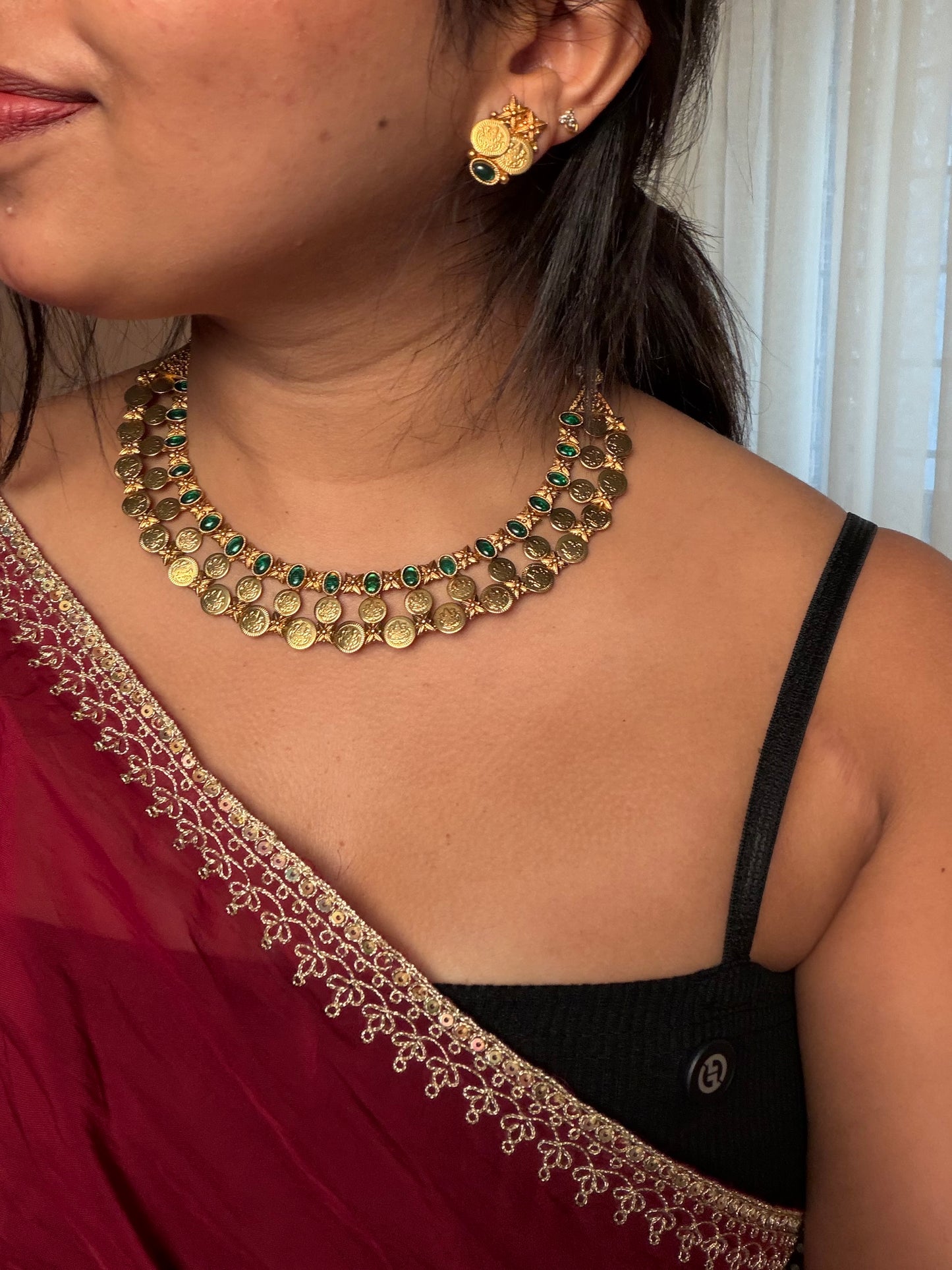 Triple layer kaashi necklace set green (KLJ06)