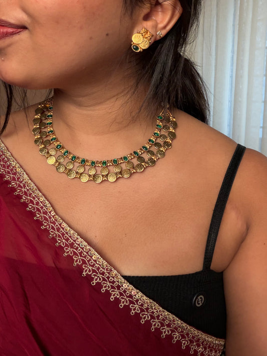 Triple layer kaashi necklace set green (KLJ06)