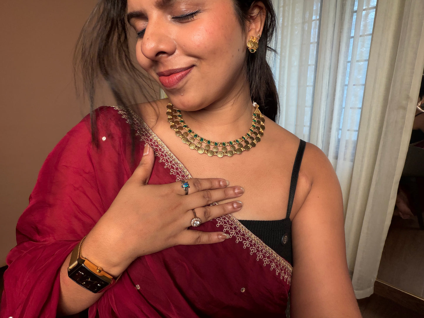 Triple layer kaashi necklace set green (KLJ06)