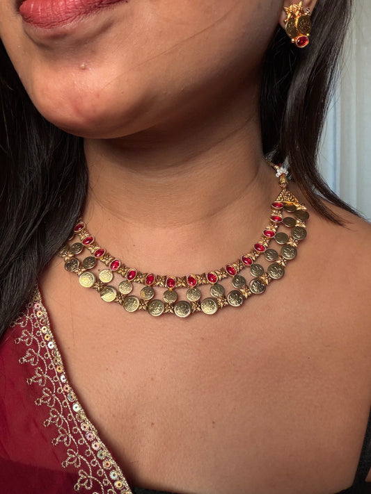 Triple layer kaashi necklace Red KLJ29