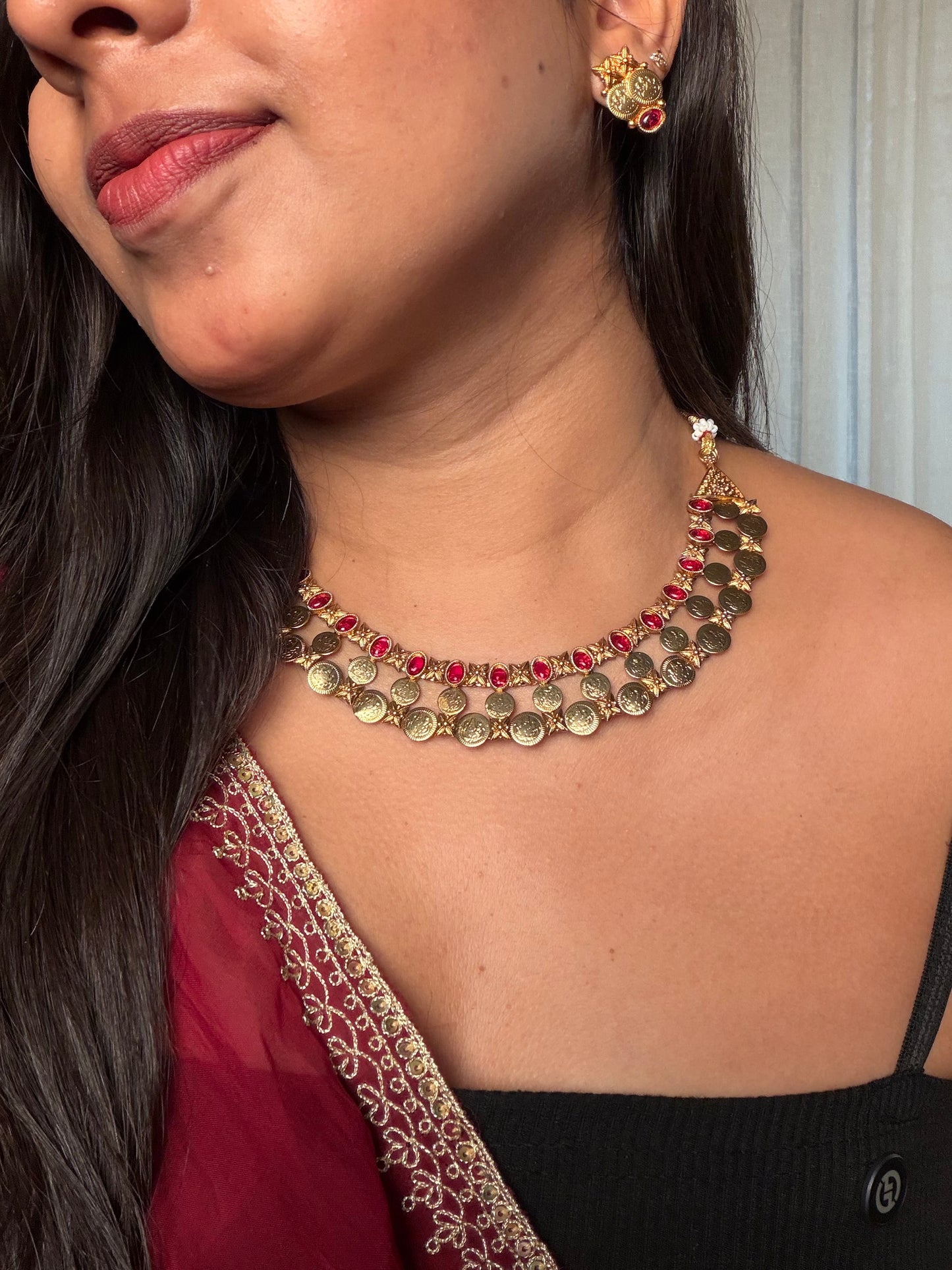 Triple layer kaashi necklace Red KLJ29