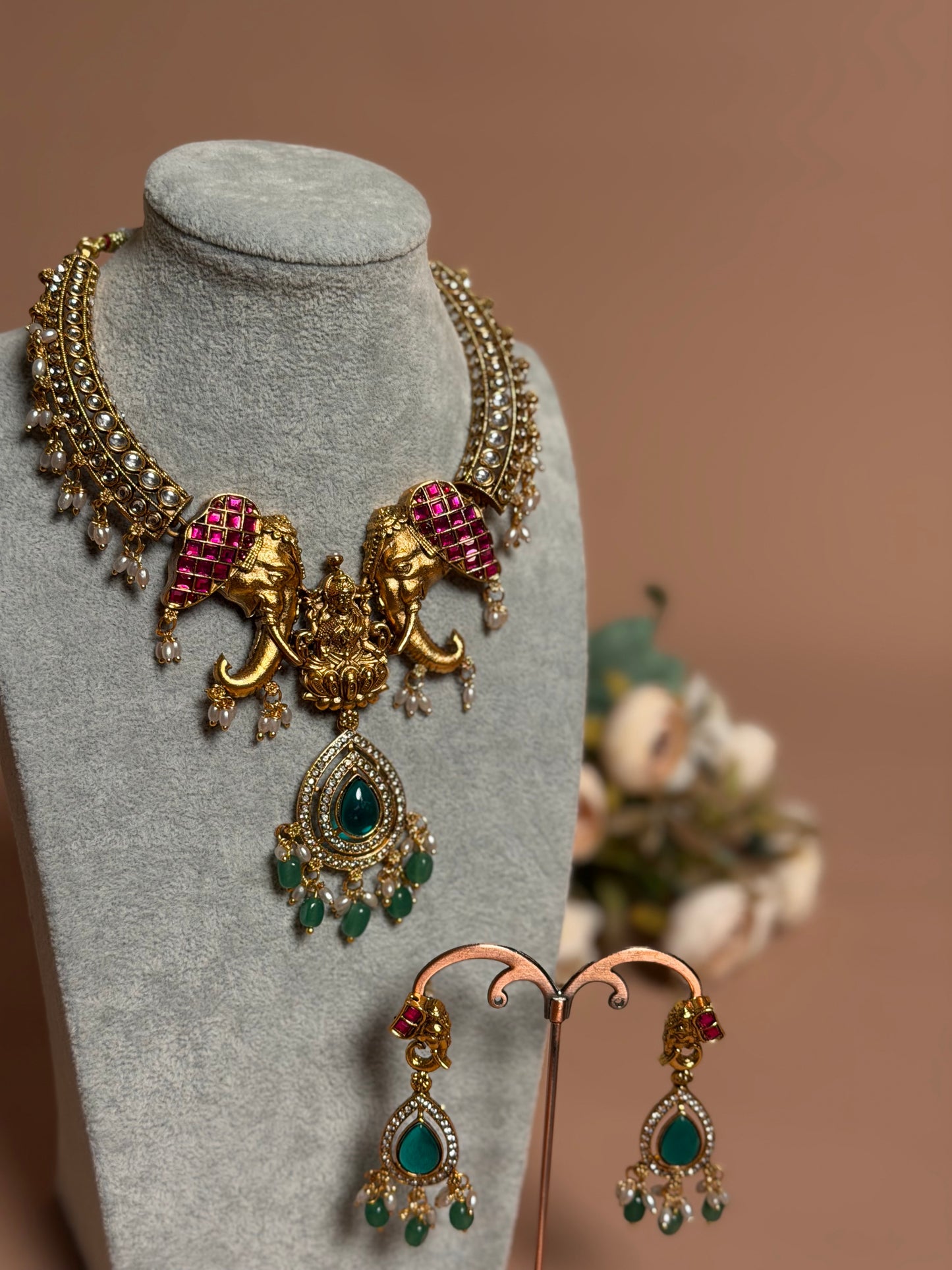 Premium Elephant-Lakshmi necklace with earrings KLJ08