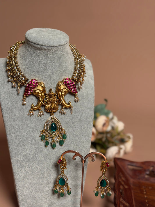 Premium Elephant-Lakshmi necklace with earrings KLJ08