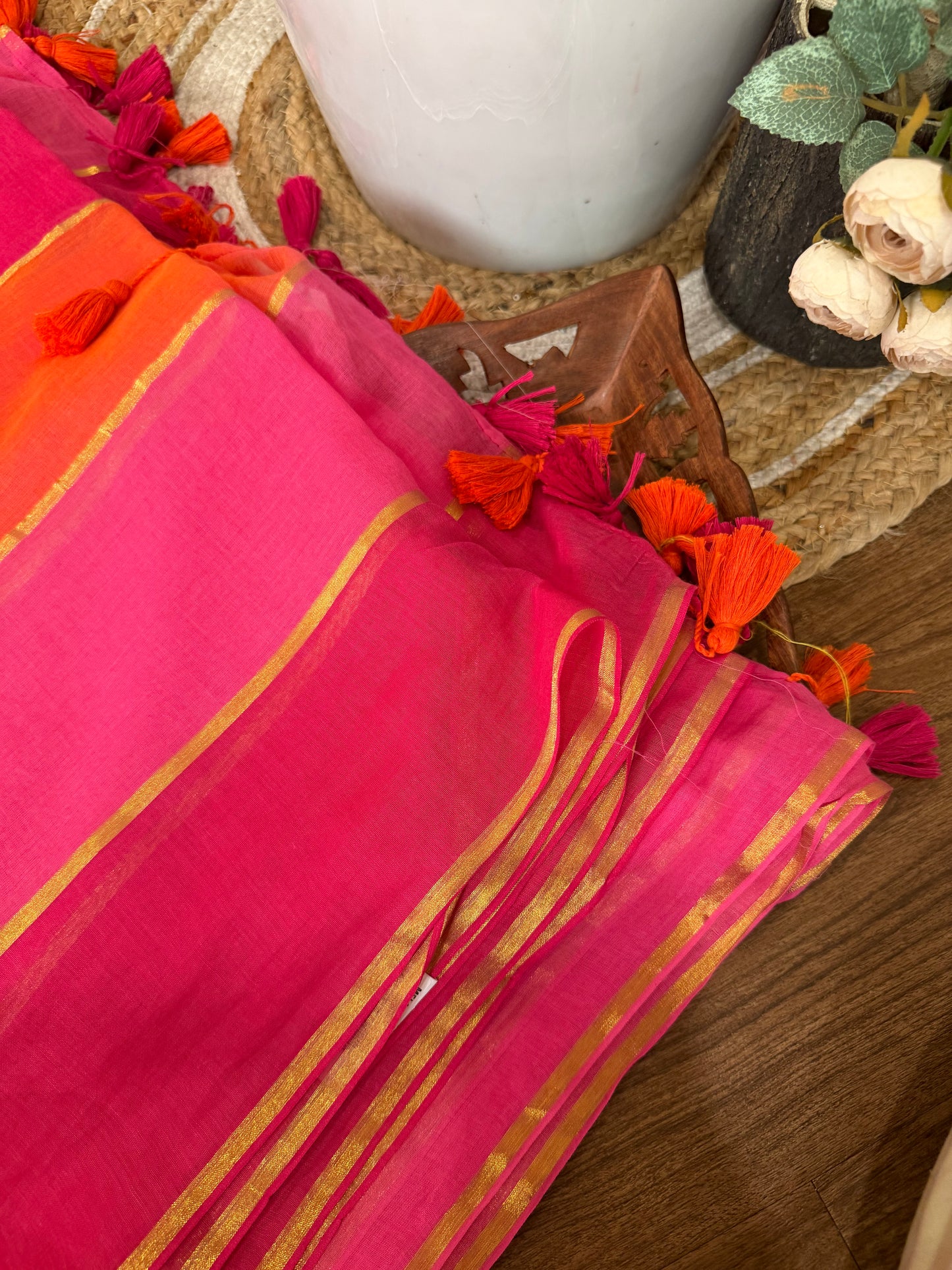 Orange Pink mul cotton saree KL0037