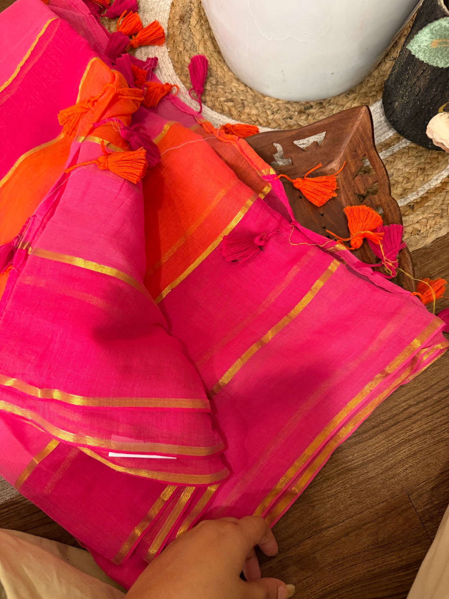 Orange Pink mul cotton saree KL0037
