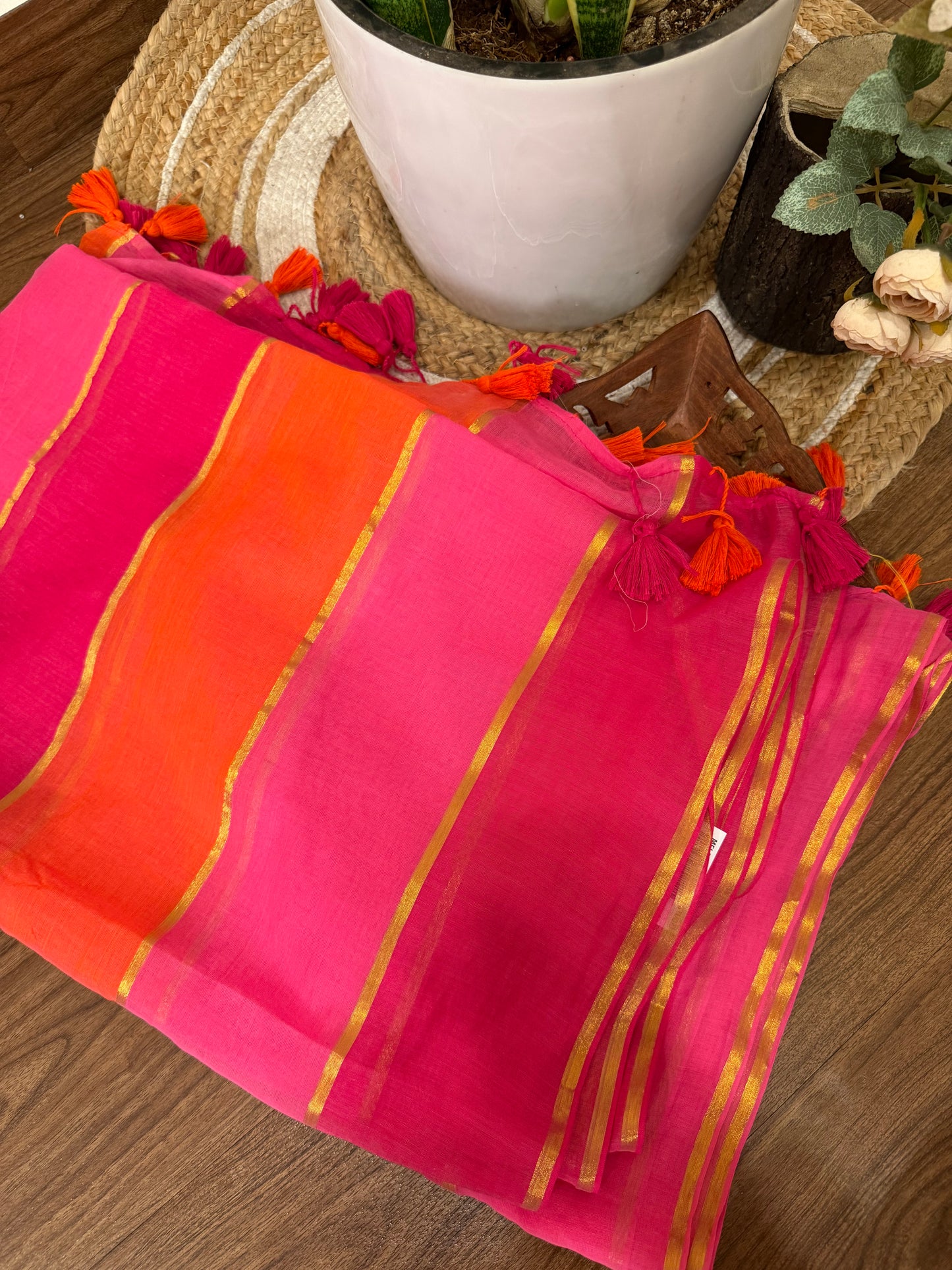 Orange Pink mul cotton saree KL0037