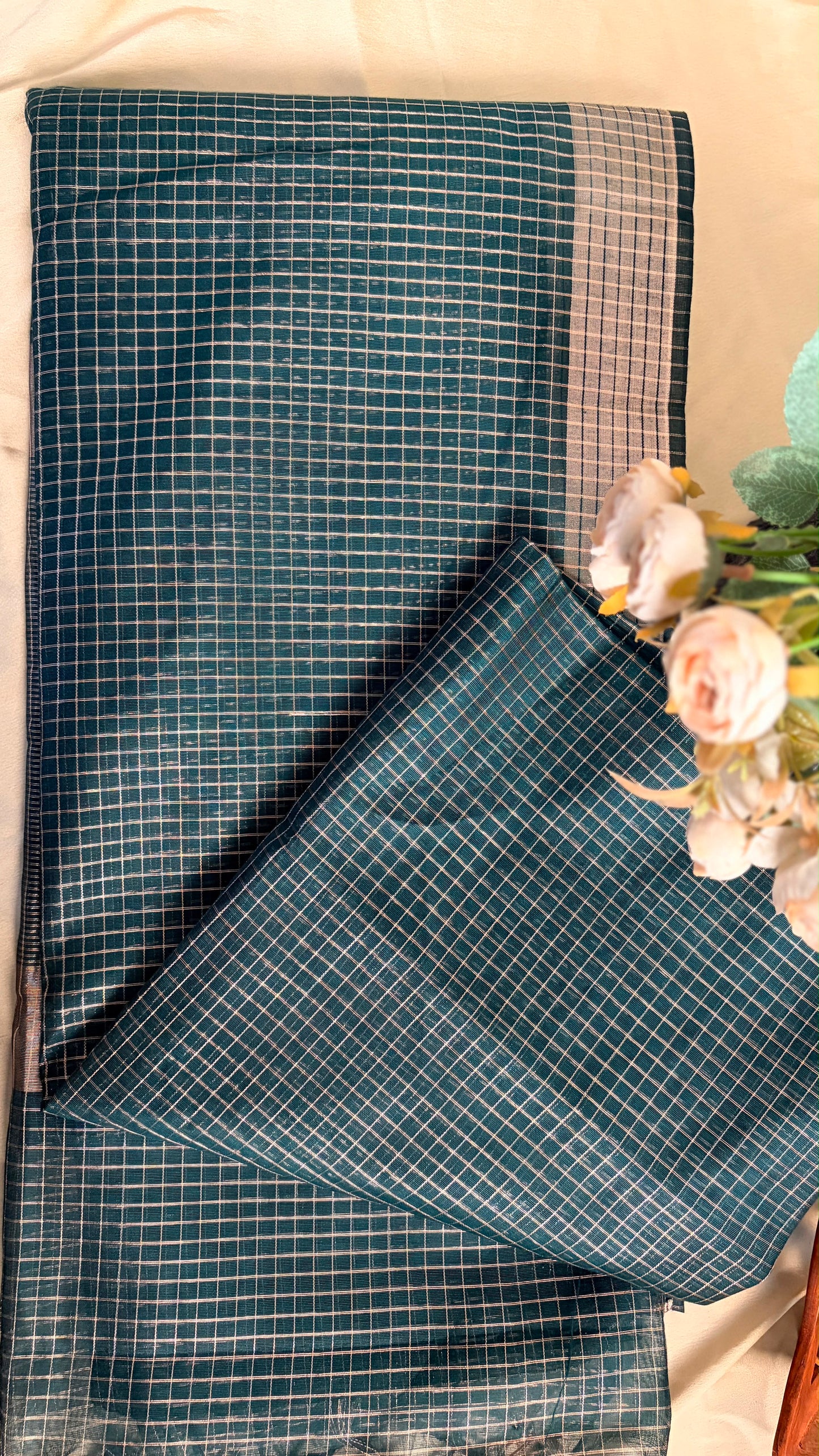 Semi silk bottle green checks saree (KL0031)
